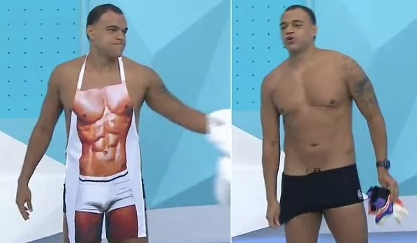 Denílson paga aposta e fica de sunga no “Jogo Aberto”