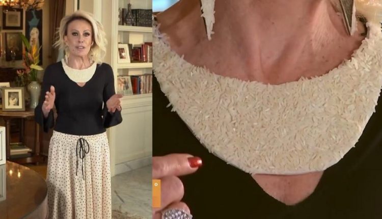 Ana Maria Braga usa arroz como jóias em protesto contra o aumento dos preços nos mercados