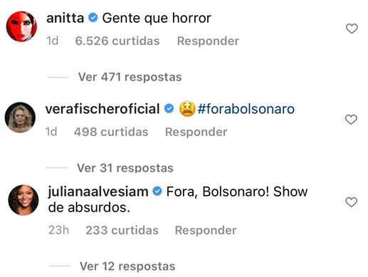 Comentários dos famosos contra Bolsonaro