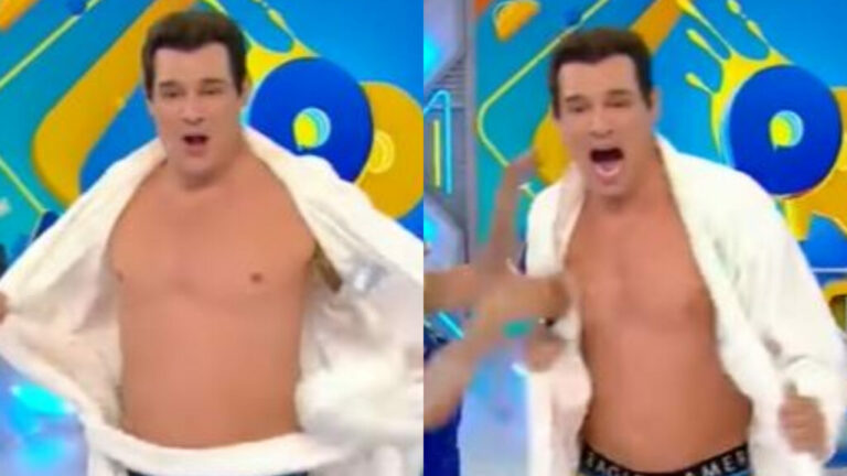 Celso Portiolli cumpre promessa e fica só de sunga ao vivo no SBT