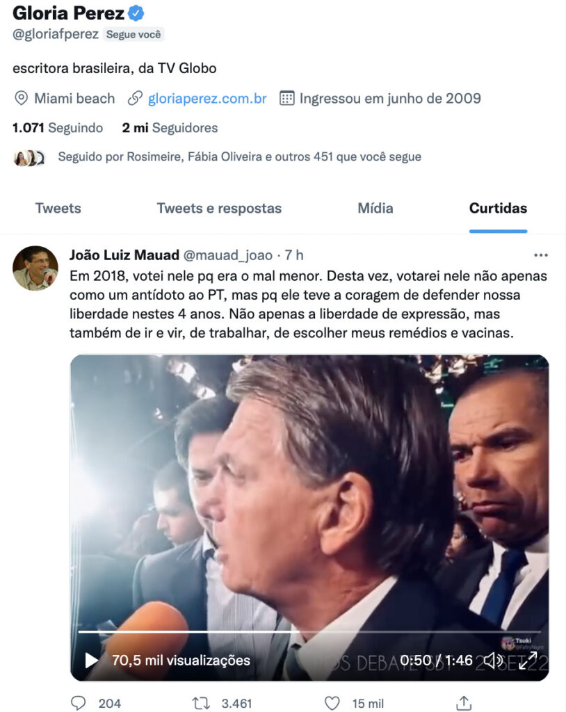 Gloria Perez declara apoio a bolsonaro