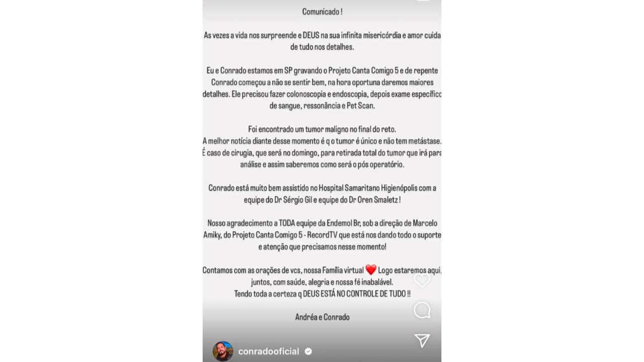 Conrado anuncia descoberta de câncer