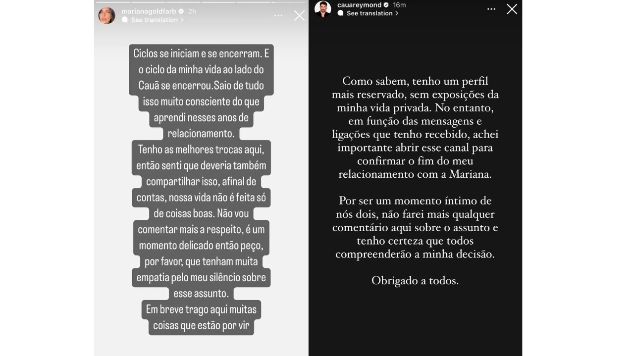 Mariana e Cauã comentam fim do relacionamento