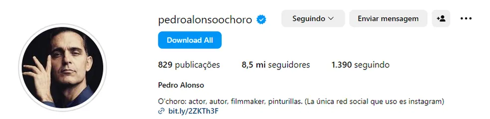  Pedro Alonso só possui perfil no Instagram — Foto: Reprodução/Instagram
