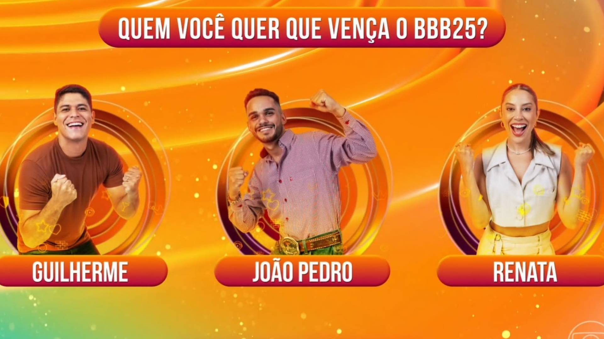 Guilherme, João Pedro e Renata na final do BBB 25